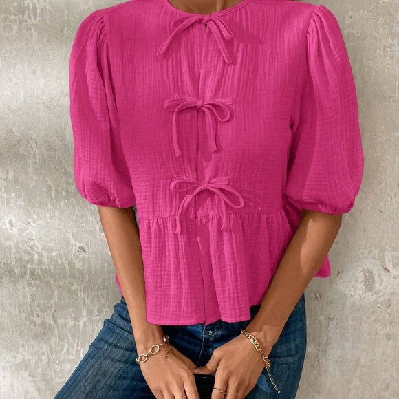 Hot Pink Cute Women's Tie Front Crop Top With Puff Sleeves & Ruffle Hem - Picture 6 of 6